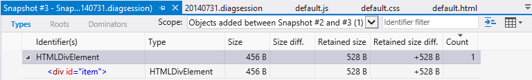 Diff view of the object count on the heap