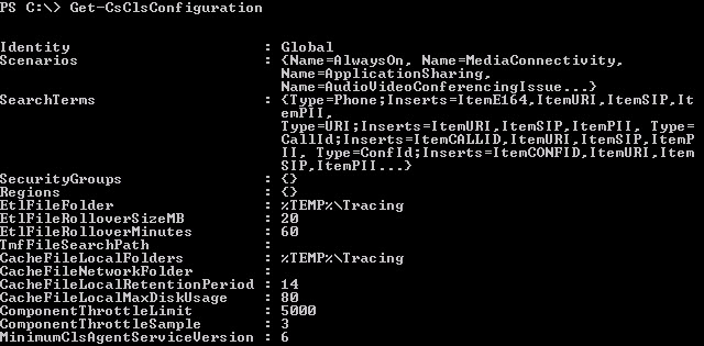 Sample output from Get-CsClsConfiguration.