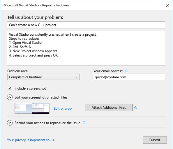 Report A Problem Dialog