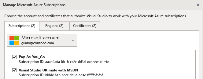 Manage Azure Subscriptions dialog