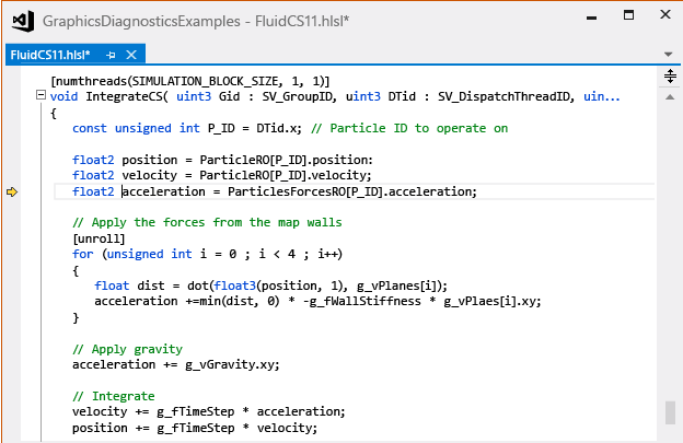 Debugging the IntegrateCS compute shader.
