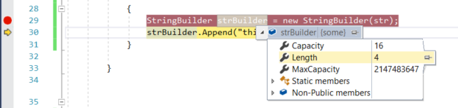 Screenshot of the Visual Studio code window. At the line of code marked in yellow, a variable is selected and a dropdown shows its current value and references.