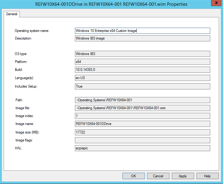 Screenshot of the Windows 10 Enterprise x64 Custom Image dialog window.