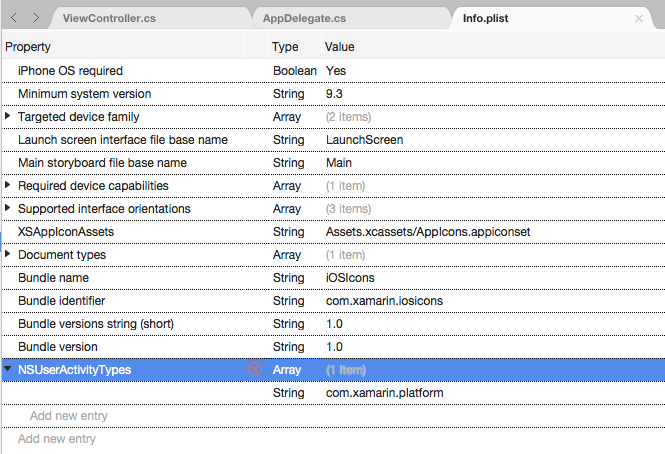 The NSUserActivityTypes key and required identifiers in the plist editor