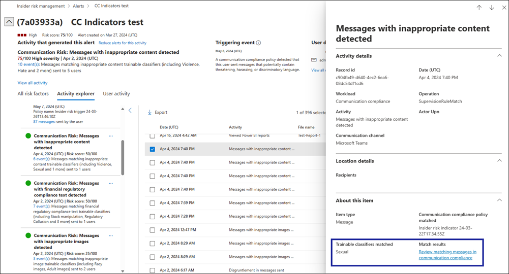 Insider Risk Management case Content explorer.