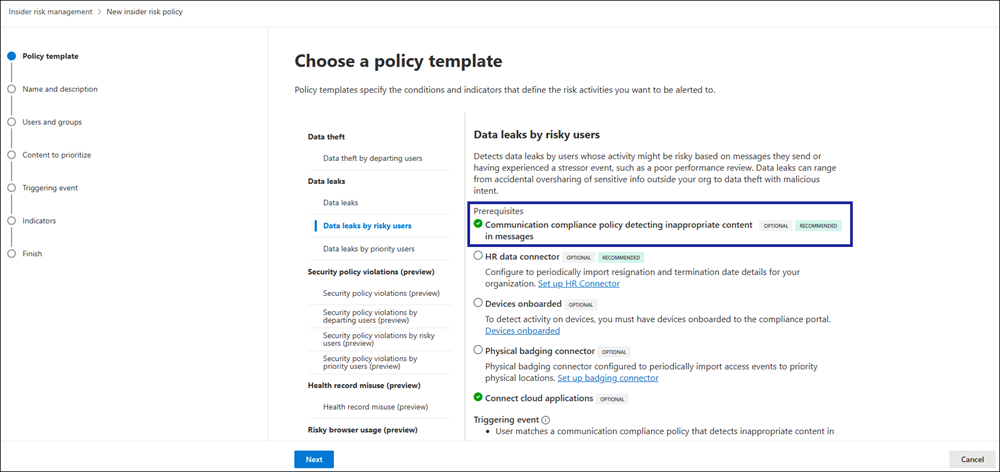 Communication Compliance option selected in Insider Risk Management template