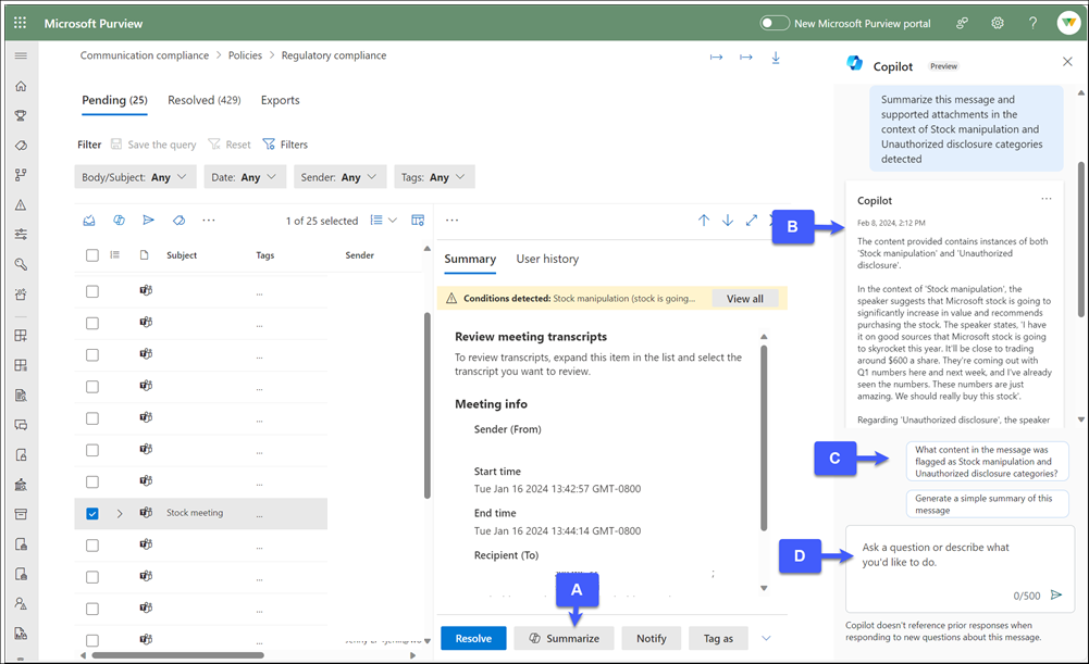Copilot in Microsoft Purview panel in Communication Compliance