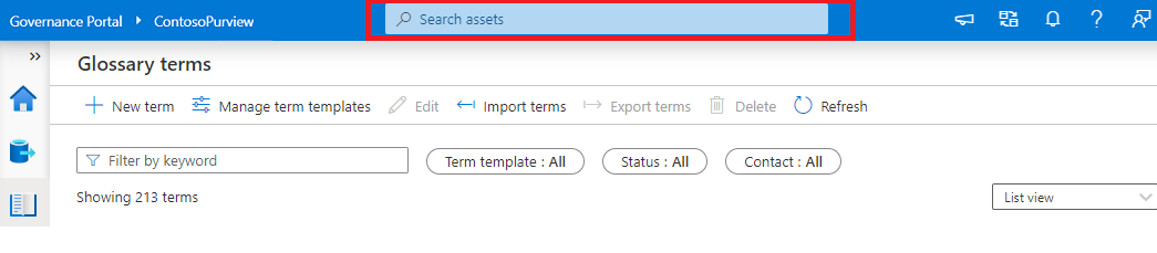 Screenshot showing the location of the classic Microsoft Purview governance portal search bar.