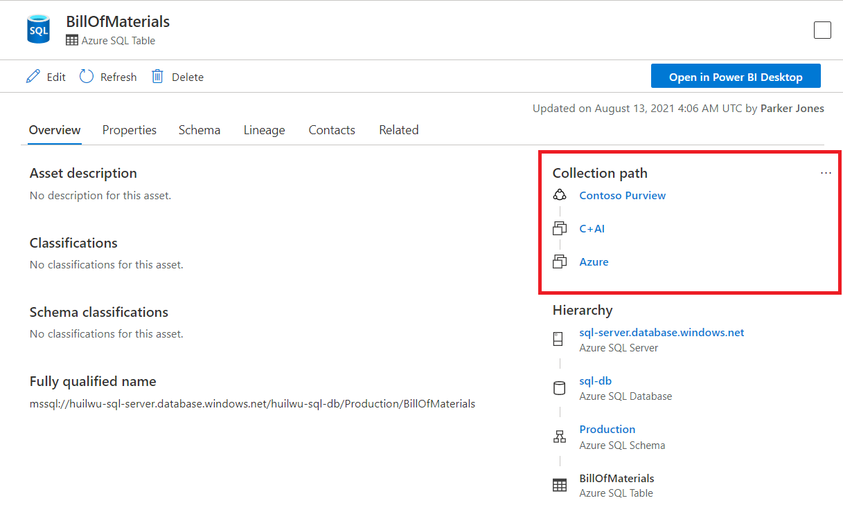 Screenshot of Microsoft Purview portal asset window, with the collection path highlighted.