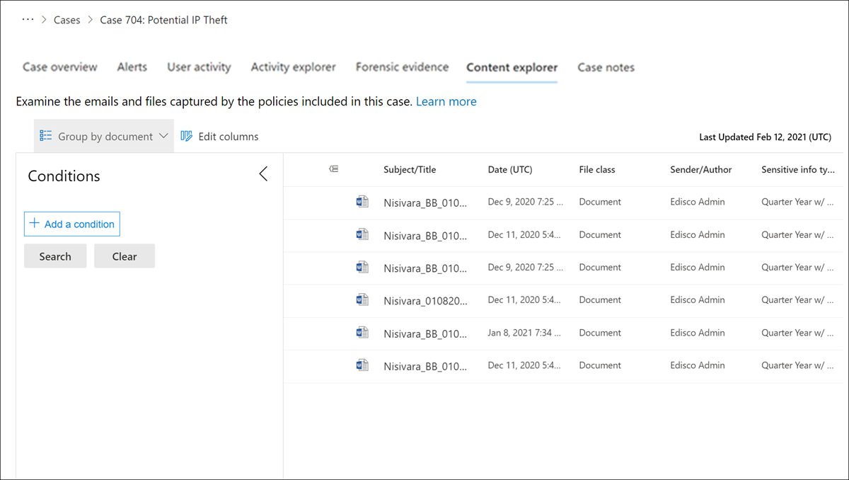 Insider Risk Management case Content explorer.