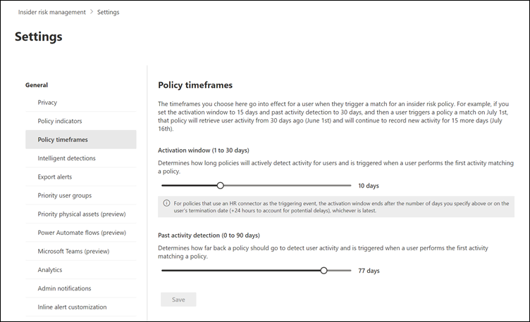 Insider Risk Management timeframe settings.