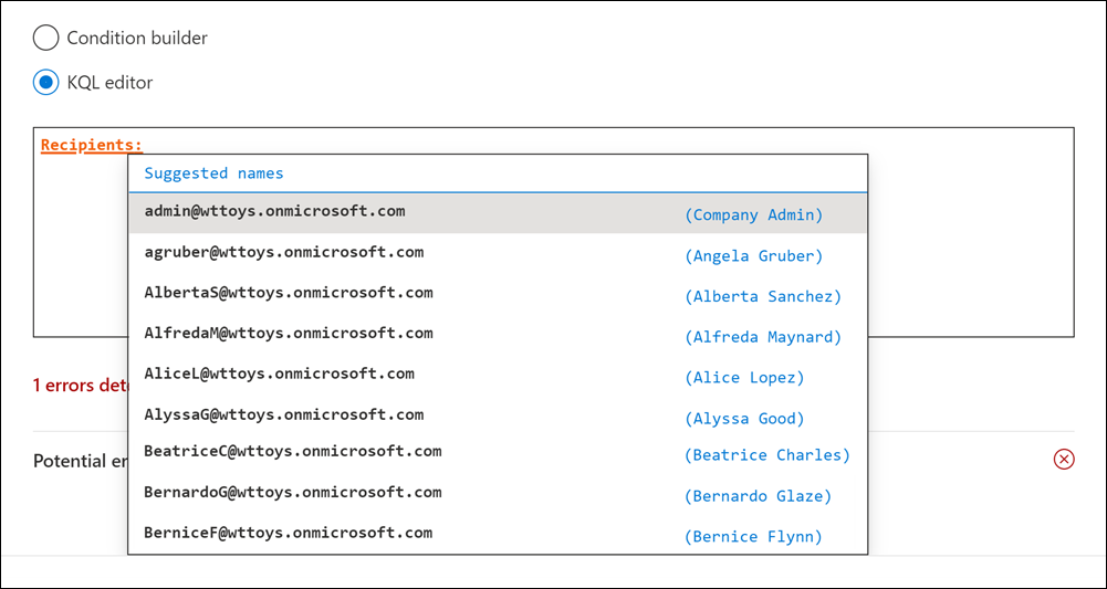 KeyQL editor suggests users for recipient email properties