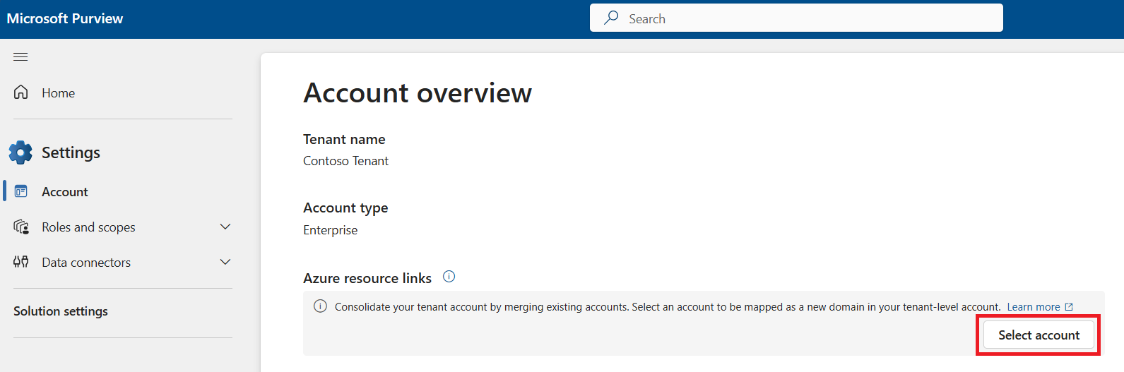 Screenshot of the merge account menu in the classic Microsoft Purview governance portal.