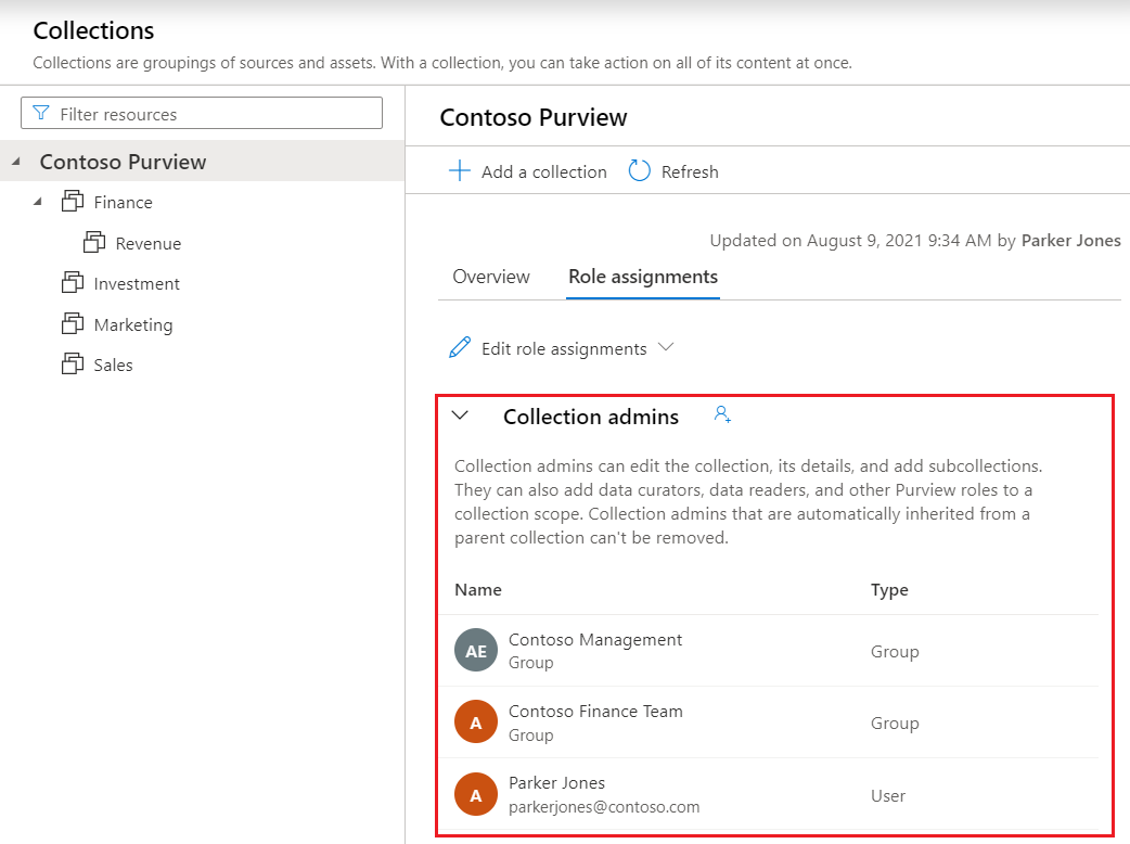 Screenshot of the classic Microsoft Purview governance portal window, opened to the Data Map, with the collection admin section highlighted.