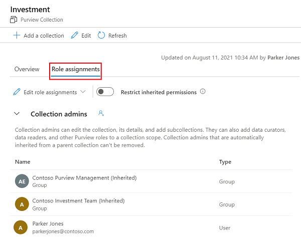 Screenshot of the classic Microsoft Purview governance portal collection window, with the role assignments tab highlighted.
