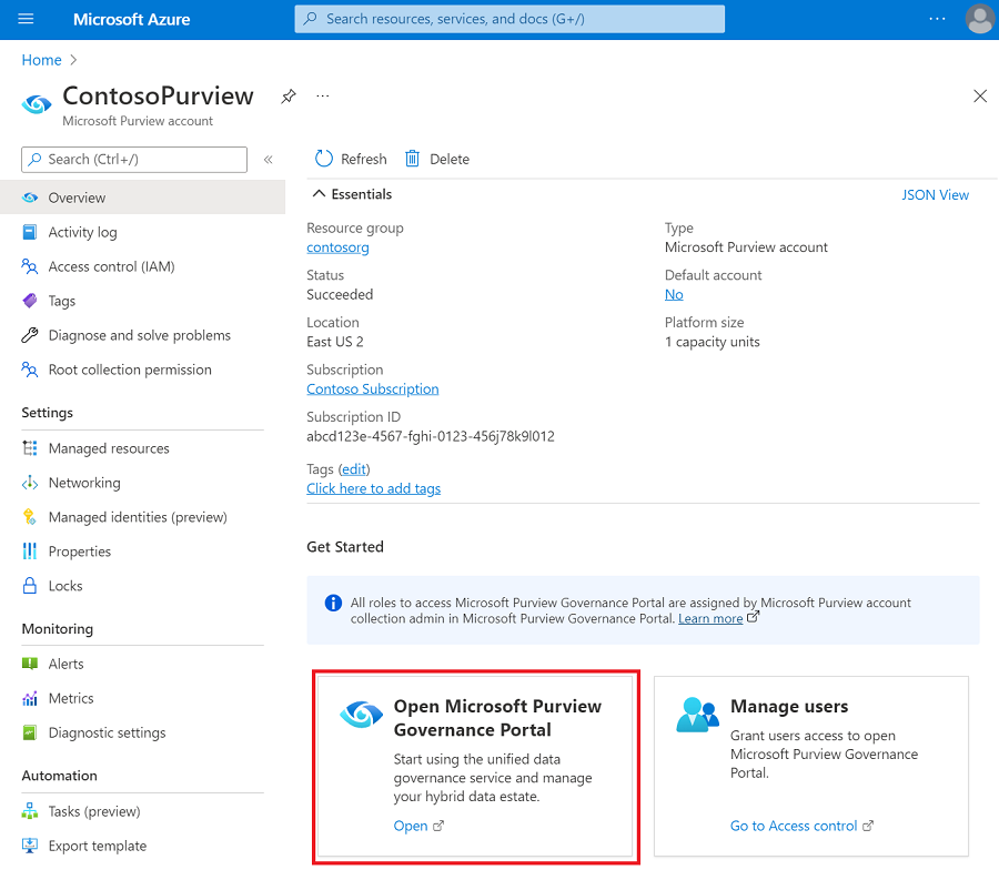 Screenshot that shows the link to open classic Microsoft Purview governance portal.
