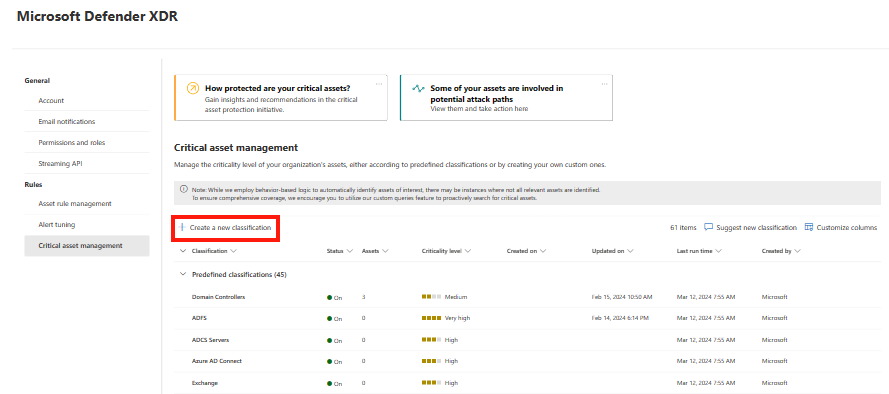 Screenshot of the Critical asset management window.