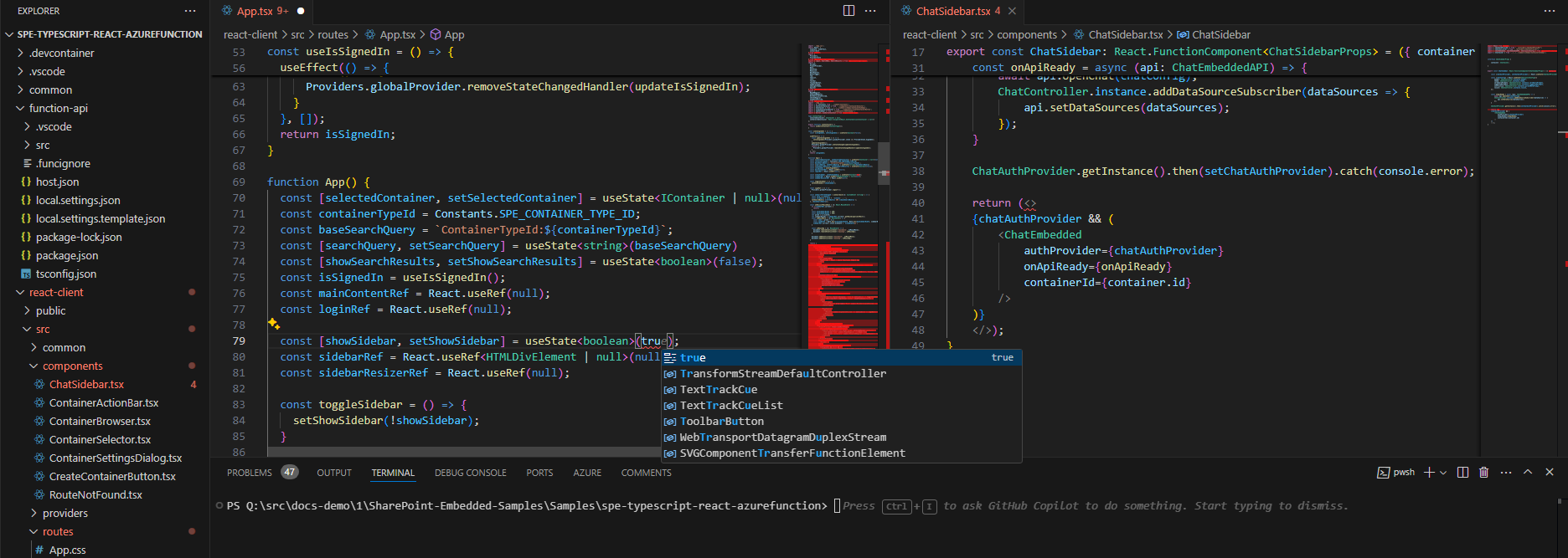 VS Code file explorer with App.tsx open with line of showSidebar variable useState function input changed from false to true to enable showing chat side bar