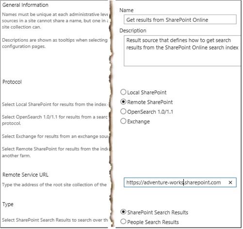 First four sections of result source page for getting results from SharePoint in Microsoft 365