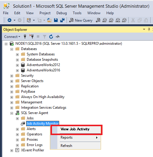 Screenshot of 'View Job Activity' command on the shortcut menu for Job Activity Monitor.
