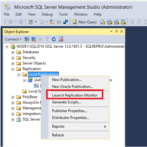 Screenshot of 'Launch Replication Monitor' command in the shortcut menu.