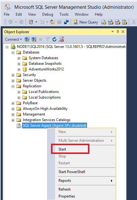 Screenshot of selecting 'Start' on the shortcut menu for the agent in SSMS.