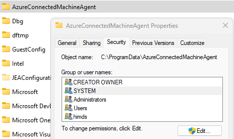Screenshot of AzureConnectedMachineAgent folder Security properties tab.