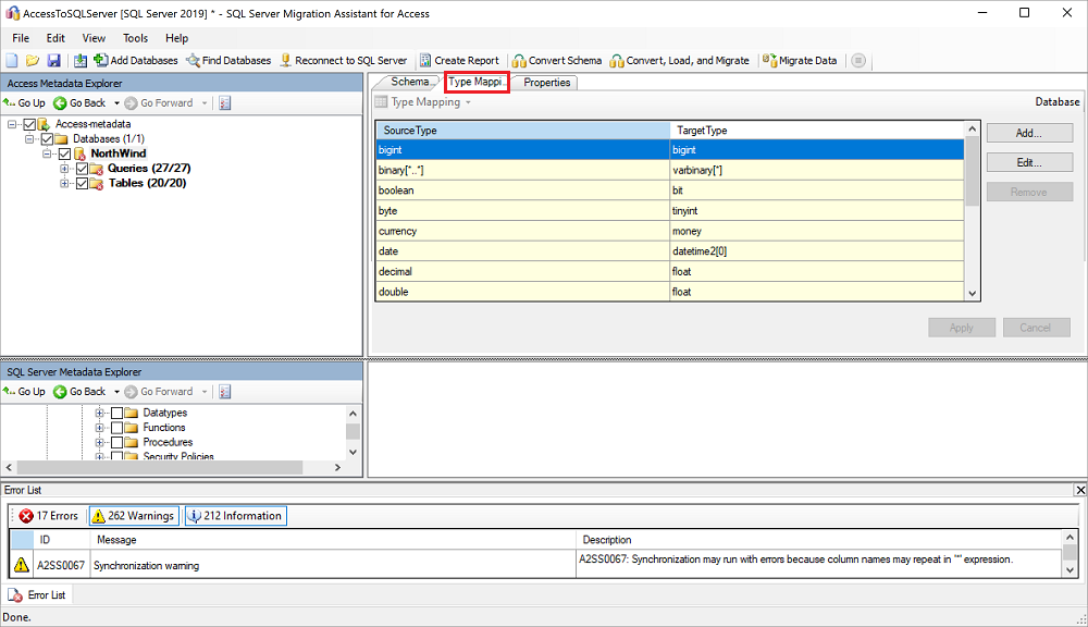 Screenshot that shows Type Mapping.