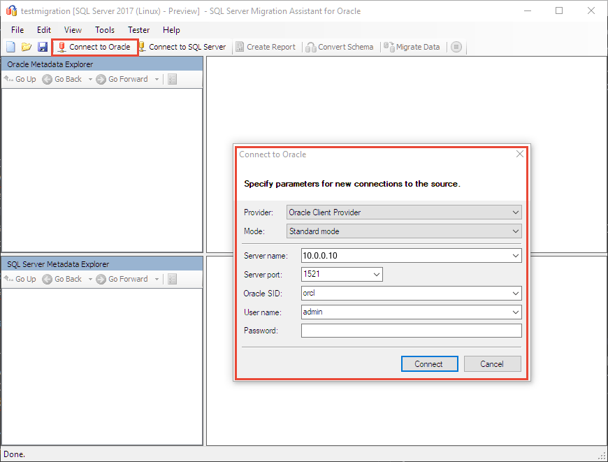 Screenshot that shows how to connect to Oracle.