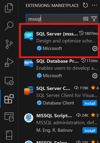 Screenshot of installing the MSSQL extension in Visual Studio Code.