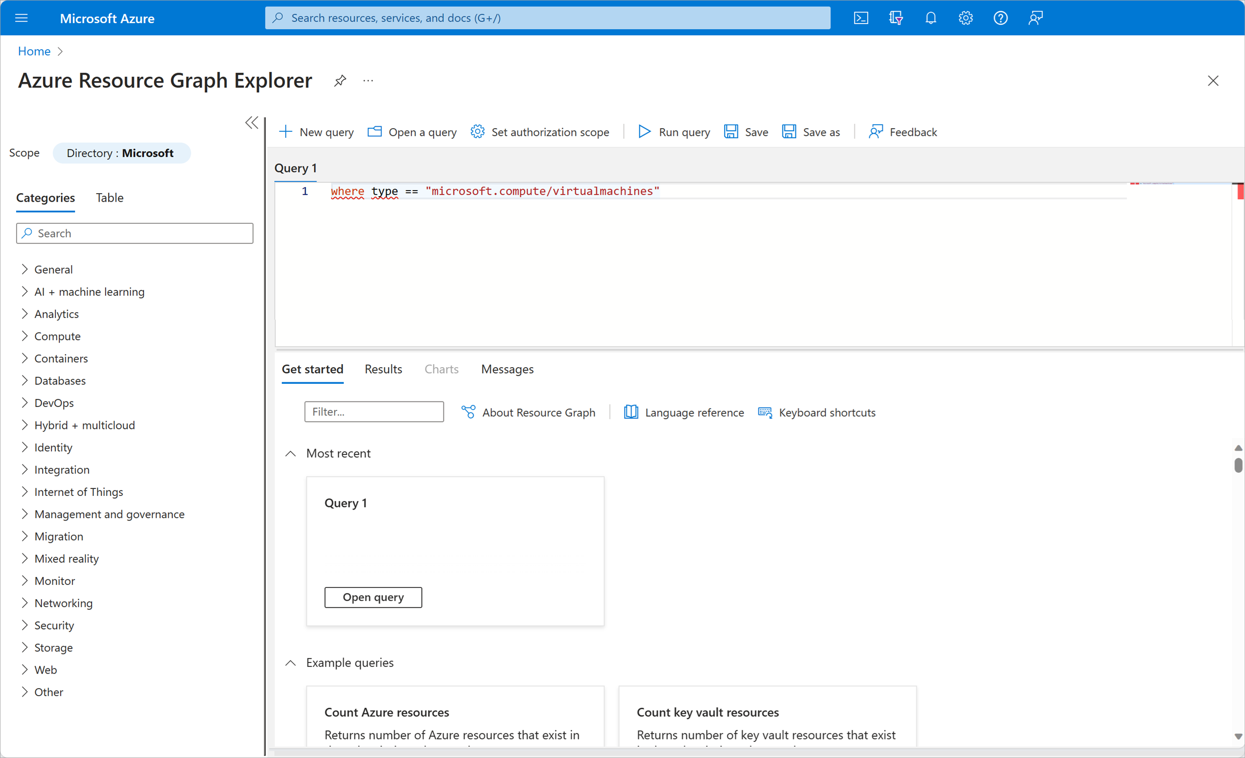 Resource graph panel in Azure portal with the query of where type == microsoft.compute/virtualmachines
