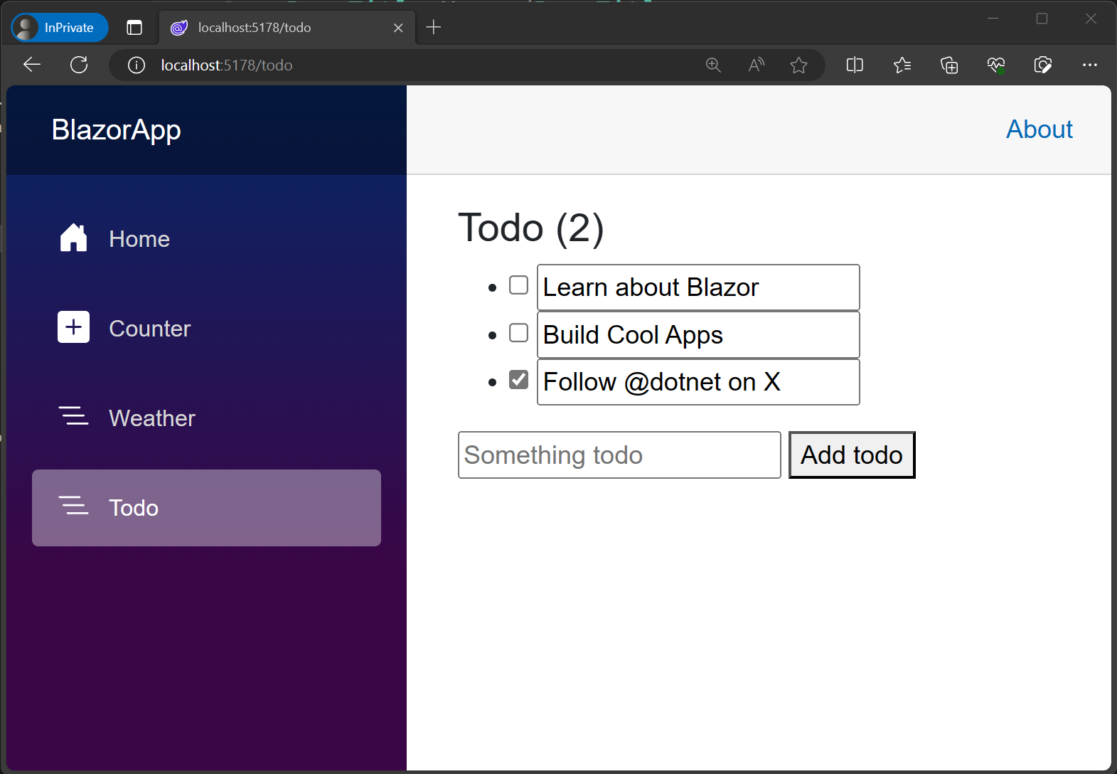 Screenshot of the completed Todo page.