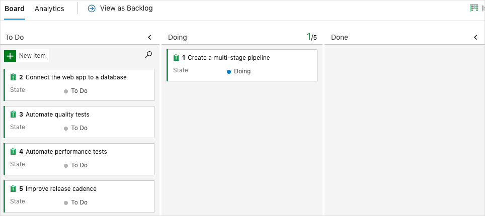 Screenshot of Azure Boards showing the card in the Doing column.