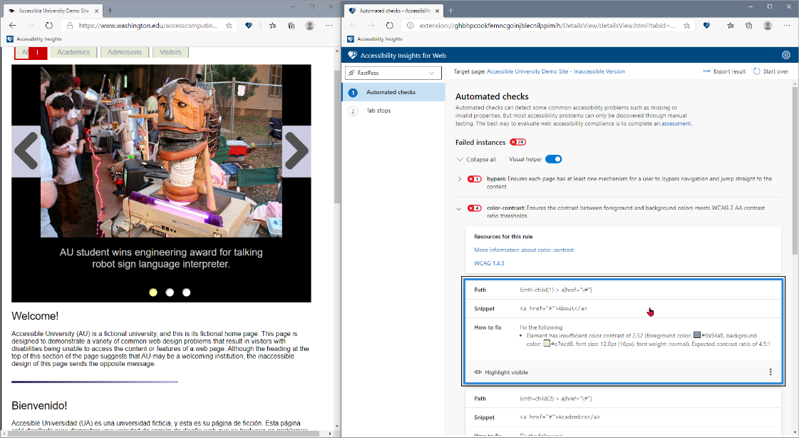 Screenshot of a sample Accessibility Insights for Web check that shows a failure selected on the Accessibility Insights Automated checks page on the right and highlighted on the target page on the left.