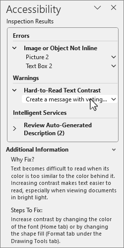 Screenshot of the Accessibility Inspection Results pane.