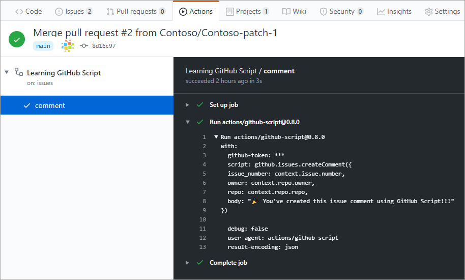 Screenshot of a completed GitHub Script workflow.