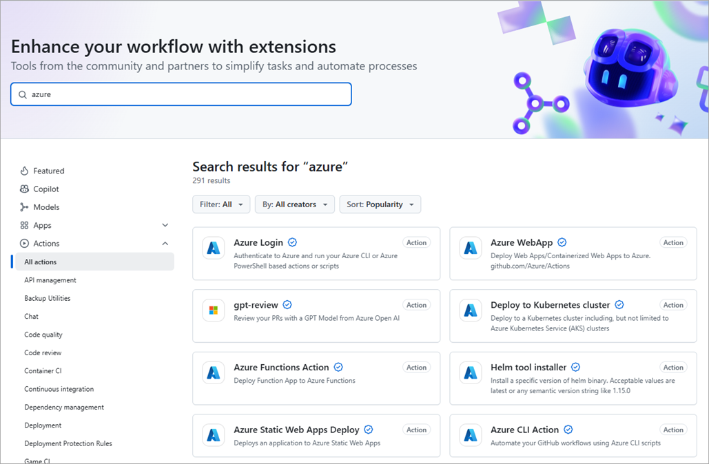 Screenshot of the GitHub Marketplace showing search results for Azure.