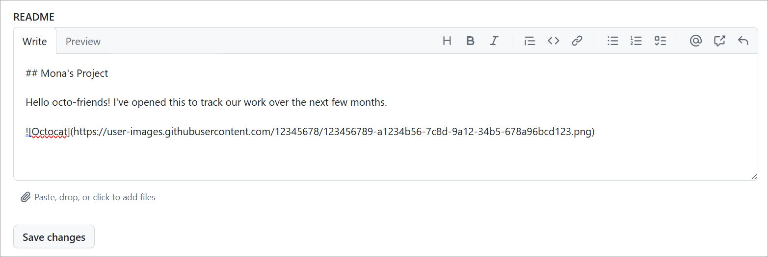 Screenshot of a Project README that is highlighted with example text that describes the user's Project.