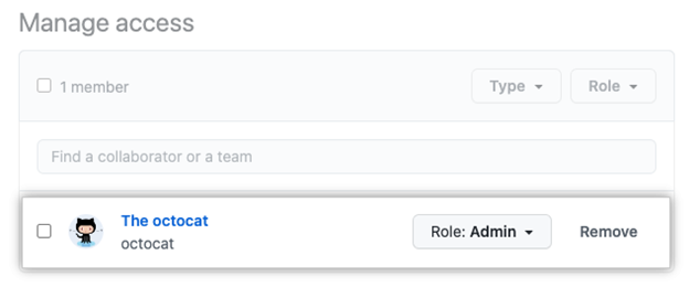 Screenshot of the Manage access settings with the ability to add a single collaborator or team and select their role or remove them.