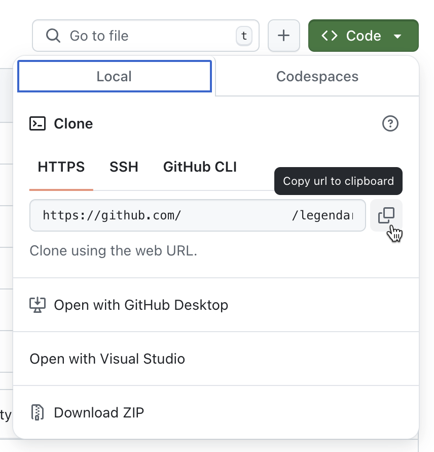 Screenshot of the option on GitHub to copy the repository URL.