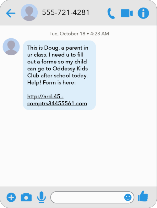 Screenshot of a text message from a parent asking an educator to quickly complete a form for a student to attend an after-school program.