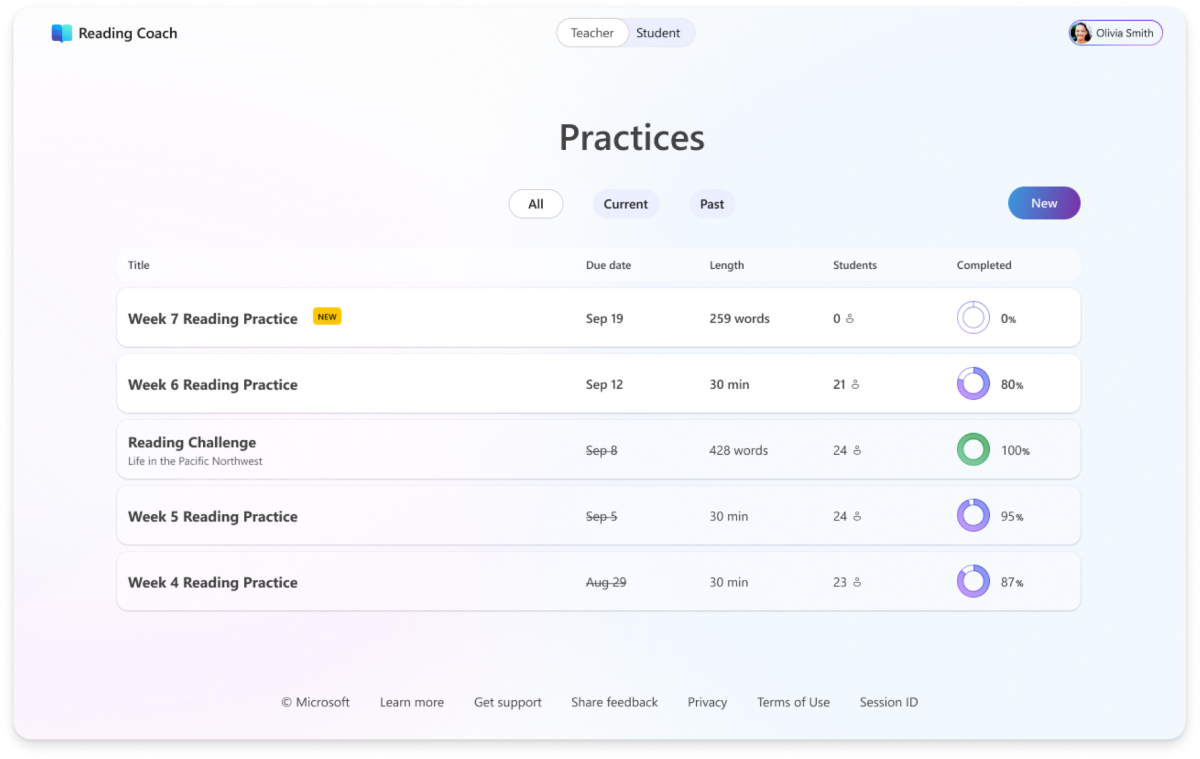 Screenshot of Reading Coach guided practices.