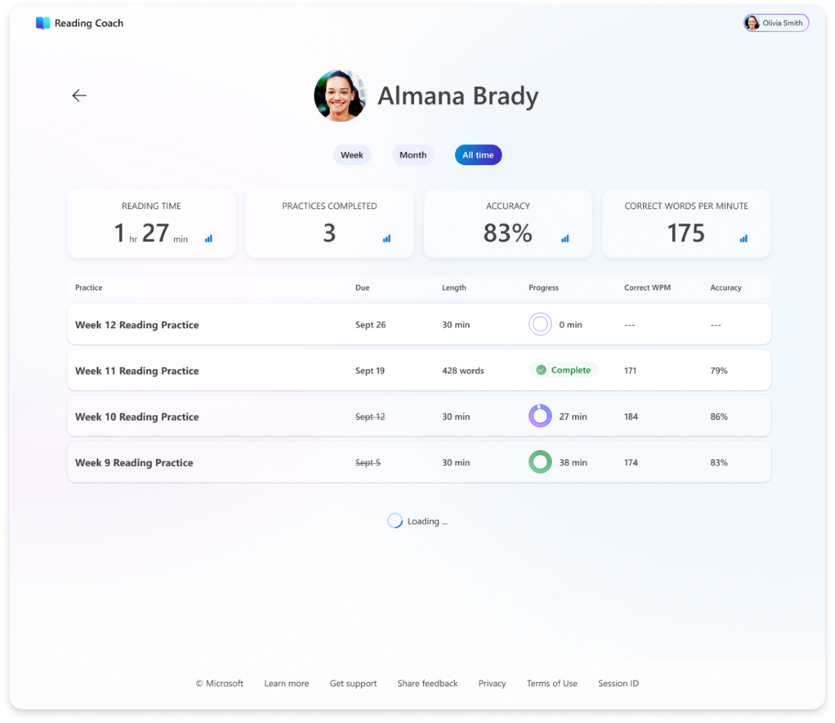 Screenshot of  Reading Coach learner view.