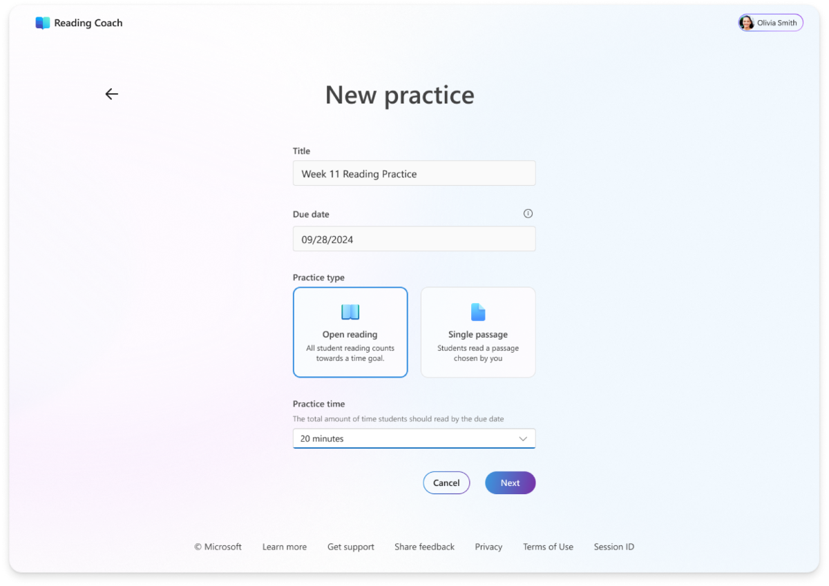 Screenshot of Reading Coach new practice.