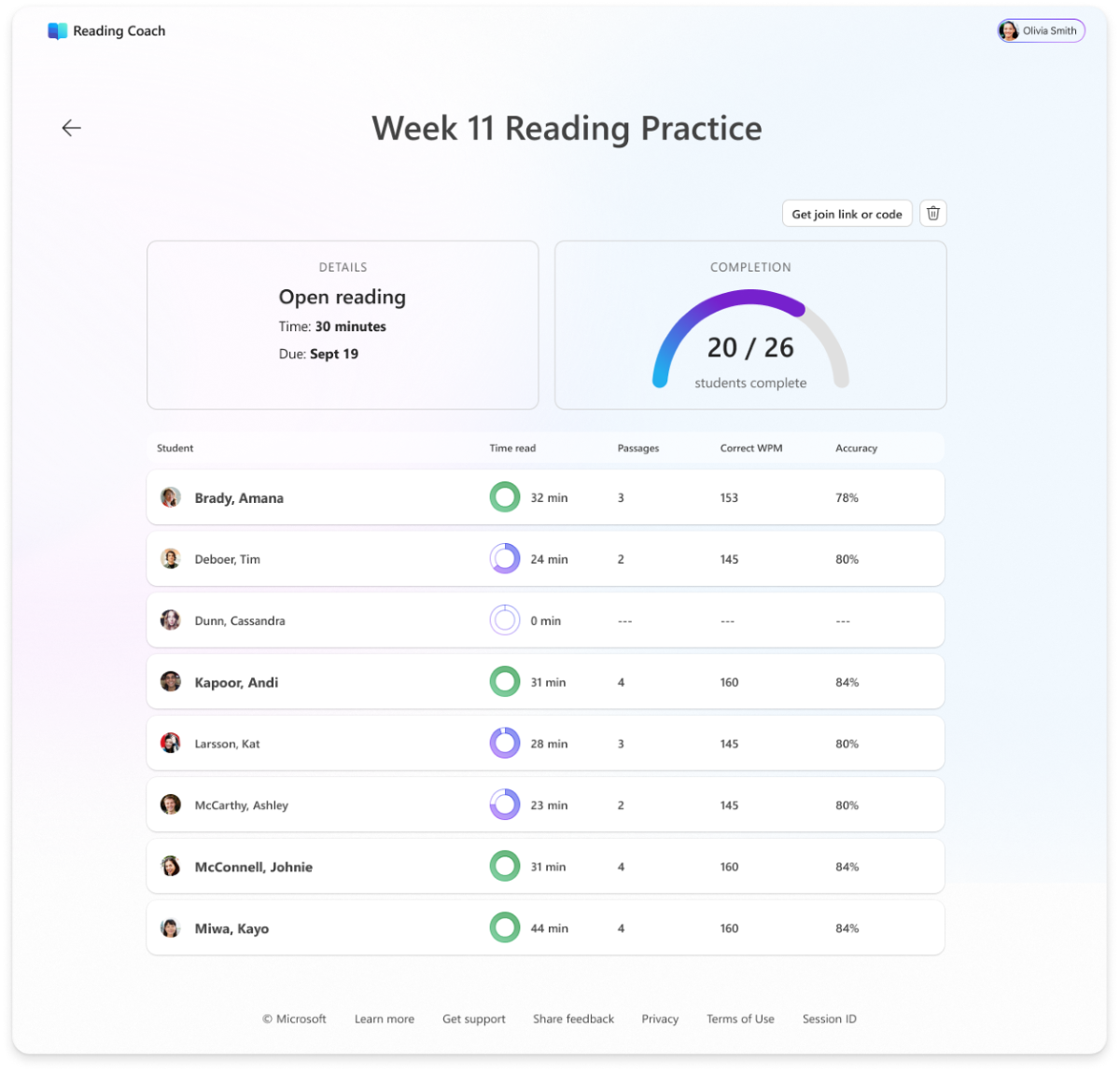 Screenshot of  Reading Coach practice view.