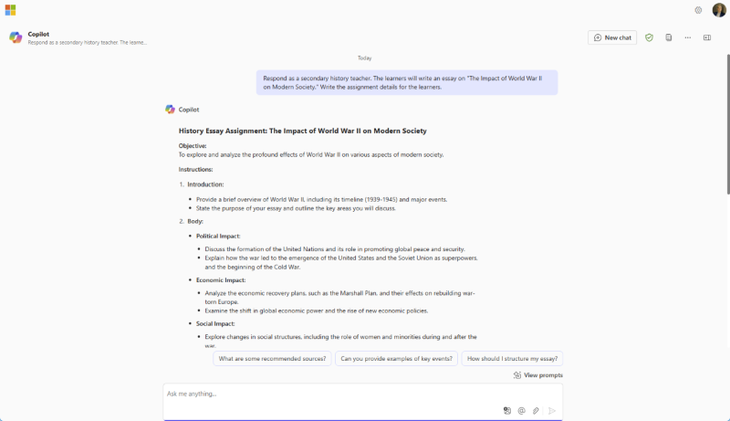 Screenshot of sample prompt and response #1. Select the following link for the accessible version.