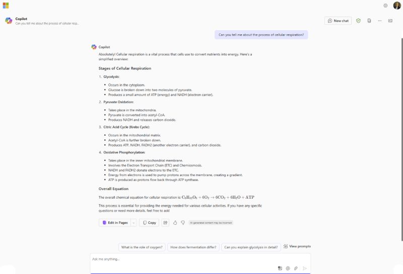 Screenshot of text response generated in Copilot Chat with prompt: Can you tell me the process of cellular respiration
