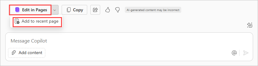 Screenshot of Edit in Pages option in Microsoft Copilot Chat.