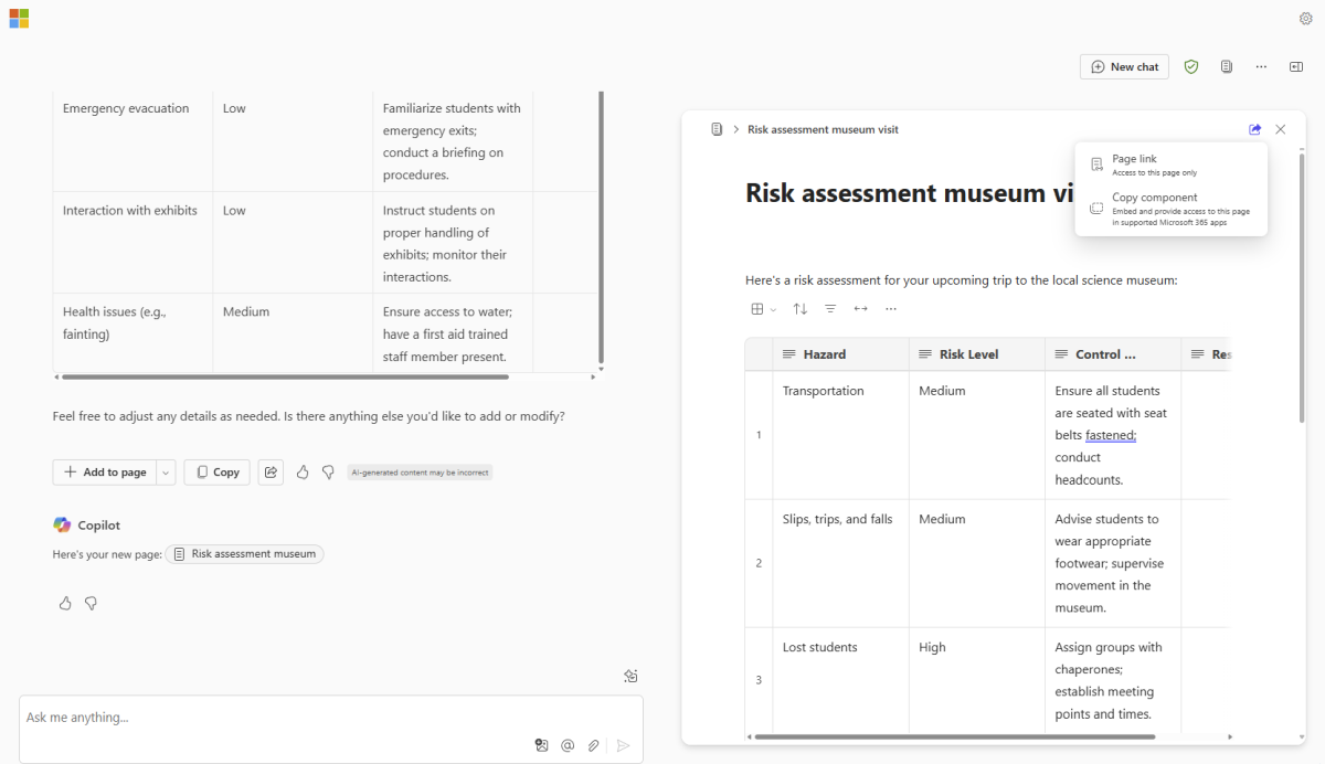 Screenshot of a tabular format response in Microsoft Copilot Chat.