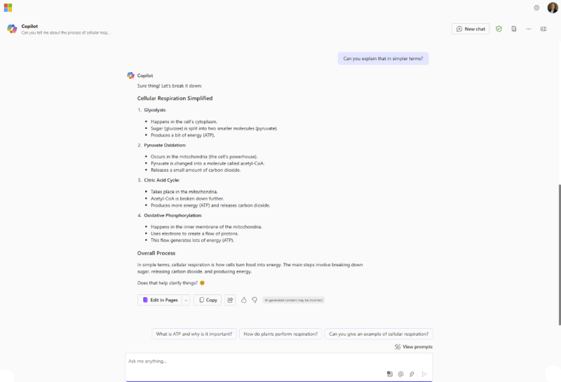 Screenshot of text response generated in Copilot Chat with prompt: Can you explain that in simpler terms?
